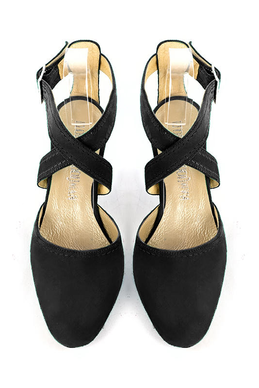 Matt black women's open back shoes, with crossed straps. Round toe. Medium wedge heels. Top view - Florence KOOIJMAN
